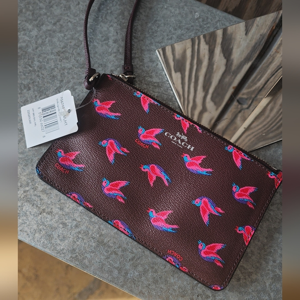 Coach Happy Bird Print Brown Wristlet